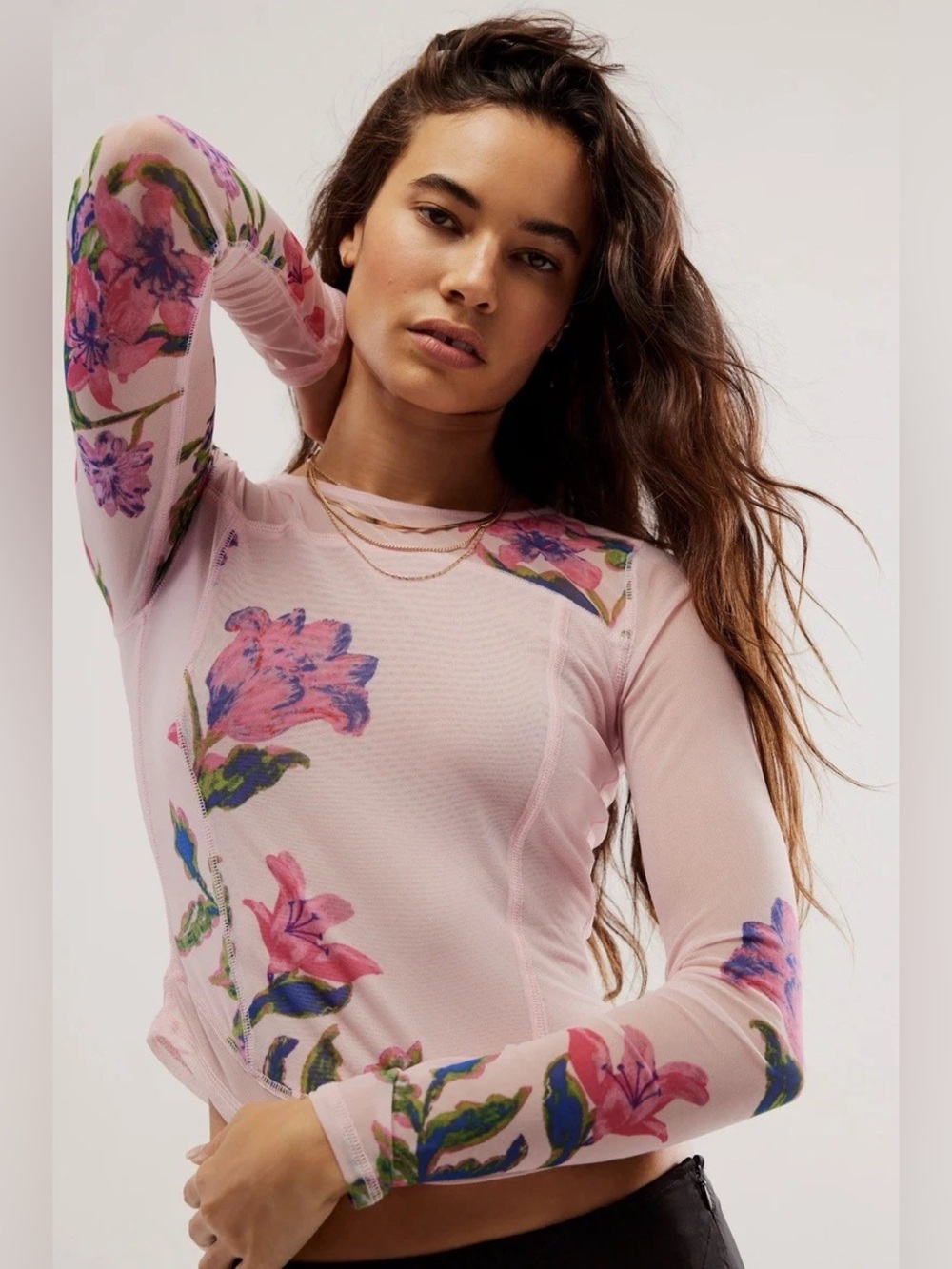 Free People -Bettys Garden Pink Floral Long Sleeve Crewneck Mesh Blouse Size Sm